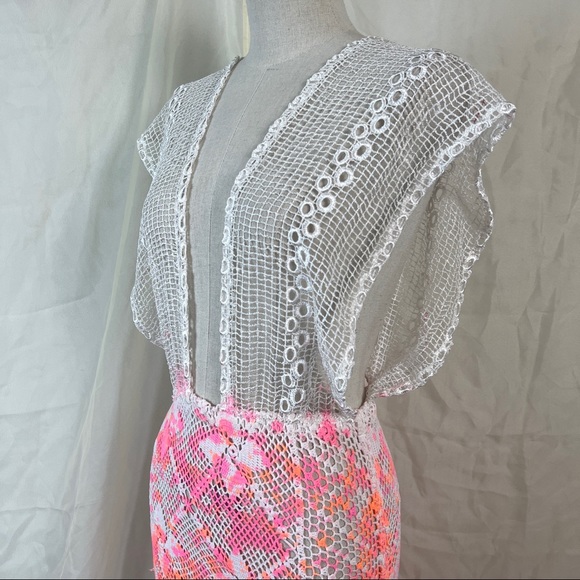 VTG Crochet Mesh Tie Dye Maxi Dress/Beach Cover Up in Pink and White - Picture 11 of 16